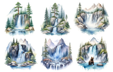 Forest landscape watercolor illustration set. Nature scenery with fir trees and waterfalls on horizon