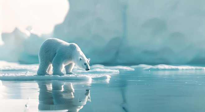 Polar Bear on Ice Floe Next to Melting Iceberg, Fragile Arctic Ecosystems and Urgent Need for Conservation