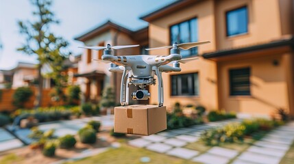 Drone delivering a package box, delivery private home ownership. Future transportation with 5G technology concept. Autonomous unmanned aerial vehicle used to transport packages.