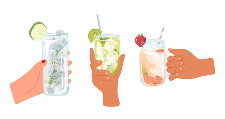 Isolated human hands holding cold iced drinks, fruits juicy lemonade or non-alcoholic beverage