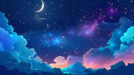 illustration for children night sky background with stars, moon and clouds 
