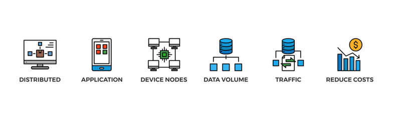 Edge computing banner web icon with icon of distributed computing, application, device nodes, data volume, traffic and reduce costs	