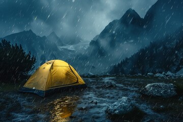 Overnight in the mountains, in bad weather, tourist tent in the mountains in bad foggy weather - obrazy, fototapety, plakaty