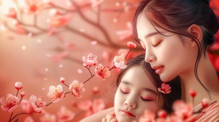 A Mother's Embrace Amidst Spring Blossoms. Generative ai