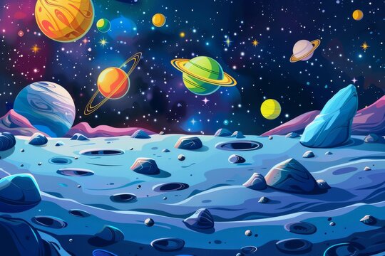 Space background illustration for kids with planets and stars from surface of Moon 
