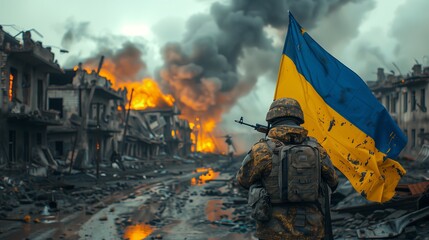 Ukrainian military man soldier with the Ukrainian flag in hands on the background of an exploded houses. Resistance to russian invasion concept. - obrazy, fototapety, plakaty