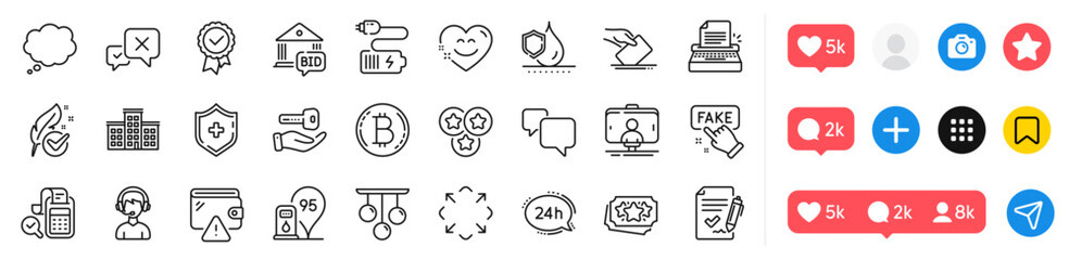 Buying house, 24h service and Wallet line icons pack. Social media icons. Battery, Medical shield, Bid offer web icon. Typewriter, Waterproof, Maximize pictogram. Vector