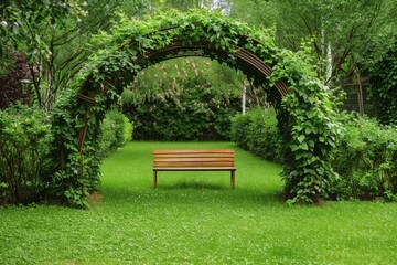 Fototapeta na wymiar tree arch and wooden garden bench on a grass lawn, beech hedge in backyard 