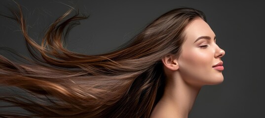 Brunette woman with shiny hair on dark background   haircare and beauty product concept