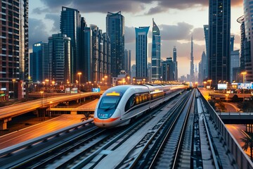 High-speed train passing through a futuristic city at dusk Showcasing the integration of modern transportation with urban development.