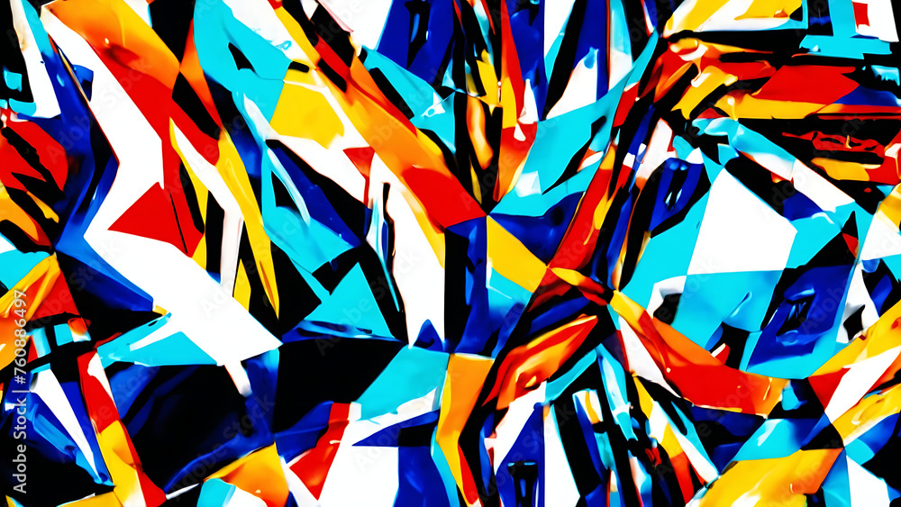 Poster vibrant and dynamic abstract artwork featuring burst of colorful geometric shapes, creating sense of