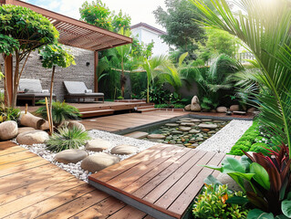 The exterior of a back garden patio area with wood decking, tropical plants, a mini pool 