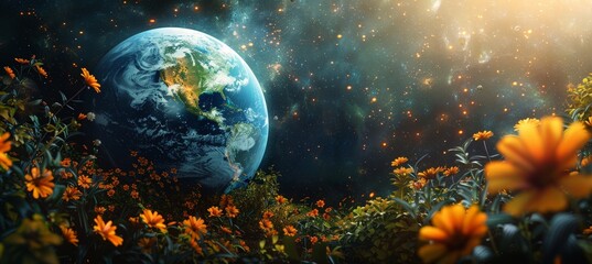 Obraz na płótnie Canvas Planet earth surrounded by flowers on cosmic background. Lifestyle. Eco concept. For banner, poster, for: design, print, card (greeting card), banner, poster, flyer, advertising, sticker, wallpaper