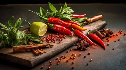 Fotobehang Pepper. Photo of fresh spices. Assortment of fresh and dried peppers, seasonings and herbs on a marble background. © Innavector