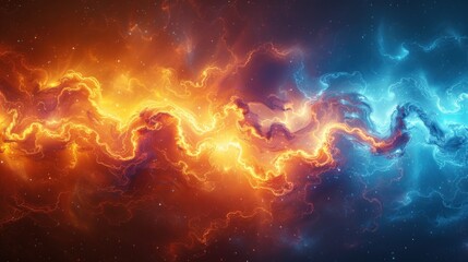 a blue, orange and red flame of electricity on a dark background - obrazy, fototapety, plakaty