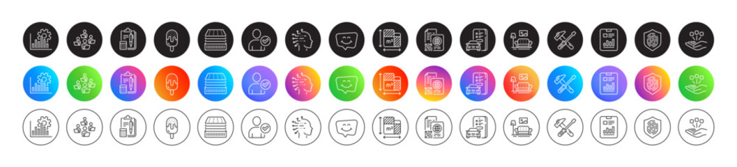 Artificial intelligence, Furniture and Car registration line icons. Round icon gradient buttons. Pack of Seo graph, Fingerprint, Hammer tool icon. Qr code, Smile chat, Ice cream pictogram. Vector