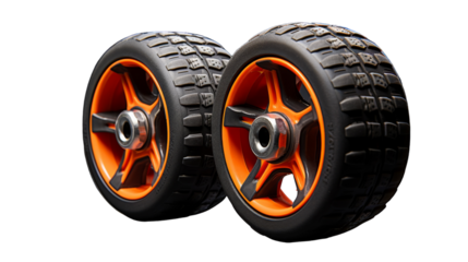 Two black and orange wheels with vibrant orange spokes