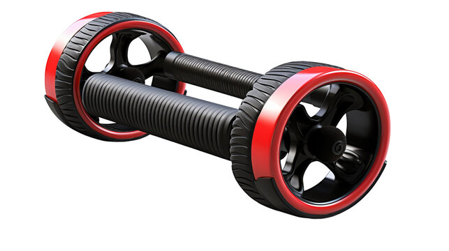 Two exercise wheels in black and red swirl gracefully in motion on a sleek surface
