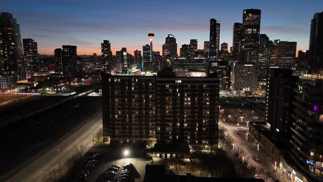 Aerial view of Calgary's downtown skyline at sunset in the late winter. 