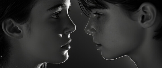 Fototapeta premium Two youths are captured in a moment of silent communication, faces nearly touching, surrounded by shadows