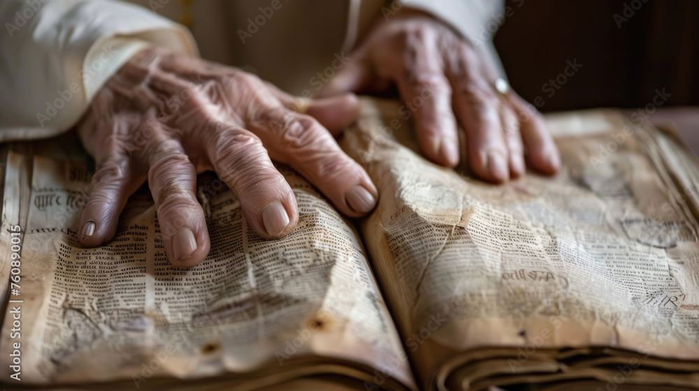 Poster a close-up view of a persons hands placed on the pages of an opened book, with fingers pointing to c