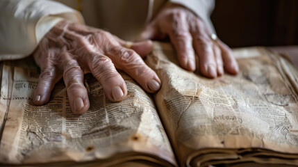 A close-up view of a persons hands placed on the pages of an opened book, with fingers pointing to certain parts of the text while reading