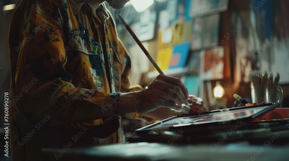 Aufkleber a man is standing while holding a paintbrush and creating artwork on a canvas
