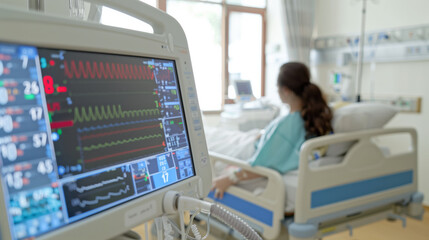 Life support system, patient data monitor on hospital background, patient in intensive care ward - obrazy, fototapety, plakaty