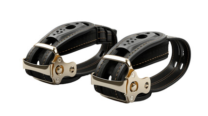 Fototapeta premium Sleek black leather cuffs with intricate gold buckles resting against a dark background