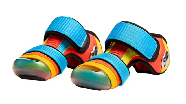 Blue and red roller skates stand out against a white backdrop, evoking a sense of movement and playfulness