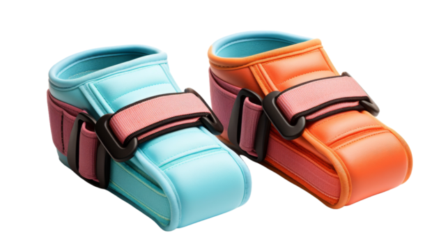 A pair of vibrant, multi-colored shoes with stylish straps