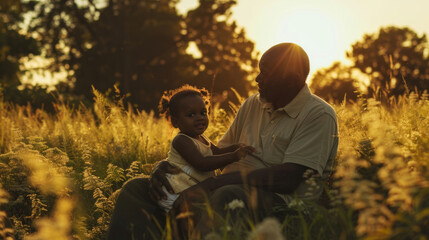 African American elderly man and a child are seated in a grassy field, surrounded by nature - obrazy, fototapety, plakaty