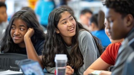 Fototapeta premium Diverse group of young individuals sitting closely together in a social setting, engaging in conversation or shared activities