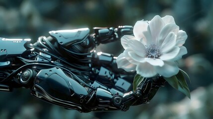Robot Hand Gently Holding a Delicate Flower