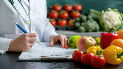 A nutritionist drafts a diet plan surrounded by colorful bell peppers, apples, and tomatoes, emphasizing fresh produce