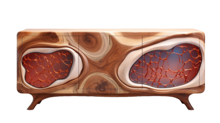 A wooden cabinet split into two parts, showcasing contrasting finishes and designs