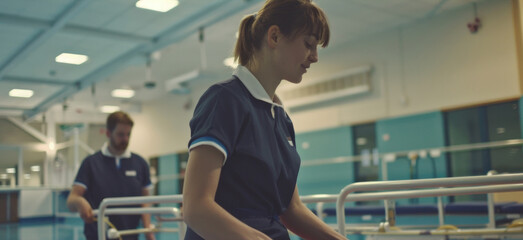 A focused young female nurse in blue scrubs proceeds through a hospital corridor, with a male colleague in the background - obrazy, fototapety, plakaty