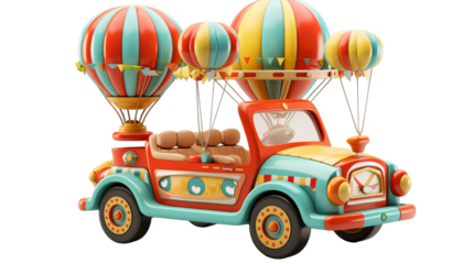 A toy truck drives with colorful hot air balloons attached, soaring into the sky