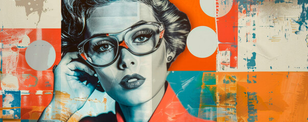 A painting capturing a woman with stylish glasses perched on her face, exuding intelligence and confidence as she gazes out with a thoughtful expression. Banner. Copy space