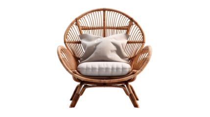 A wicker chair with a cozy pillow rests peacefully in a relaxing corner