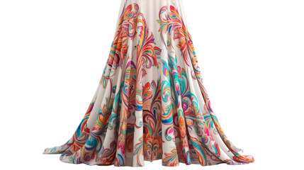 A luxurious dress draped elegantly on a mannequin against a pristine white background