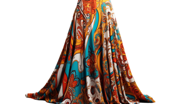 A woman in a colorful patterned long dress dances gracefully - Powered by Adobe