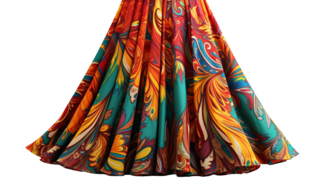 A vibrant dress with a kaleidoscopic pattern draped elegantly on a mannequin