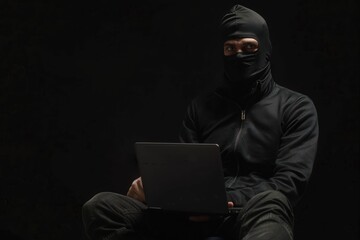 A man in a black robber mask sits with a laptop isolated on a black background