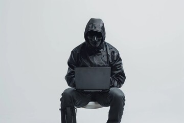 A man in a black robber mask sits with a laptop isolated on a white background - obrazy, fototapety, plakaty