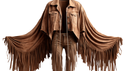 A stylish brown jacket adorned with fringes, adding a touch of western flair