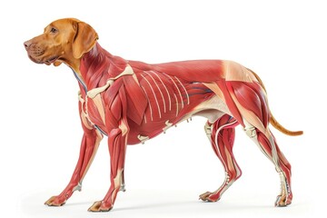 dog anatomy showing body and head, face with muscular system visible isolated on solid white background - obrazy, fototapety, plakaty