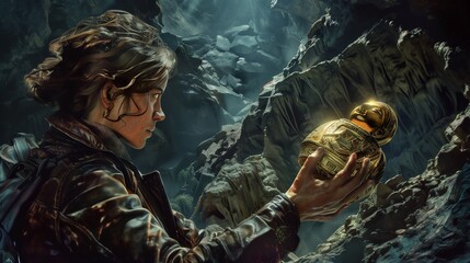 A daring archaeologist in a leather jacket, holding a golden idol in a booby-trapped cave.