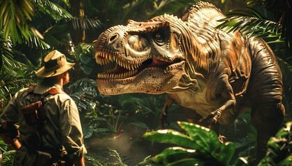 A fearless dinosaur park manager facing down a giant T-Rex in a tropical jungle.