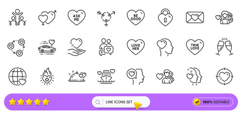 Woman love, Heart and Hold heart line icons for web app. Pack of Love her, Romantic talk, Romantic dinner pictogram icons. Friend, Champagne glasses, Ask me signs. Valentine, Dating chat. Vector